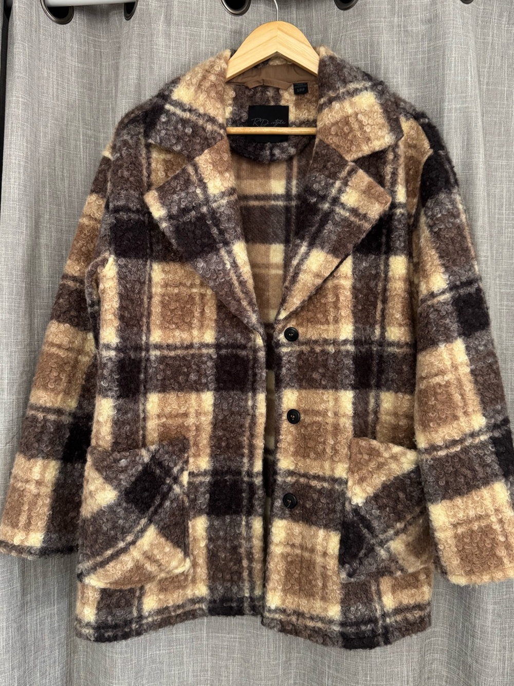 RD Style Plaid Pea Coat in Brown and Cream